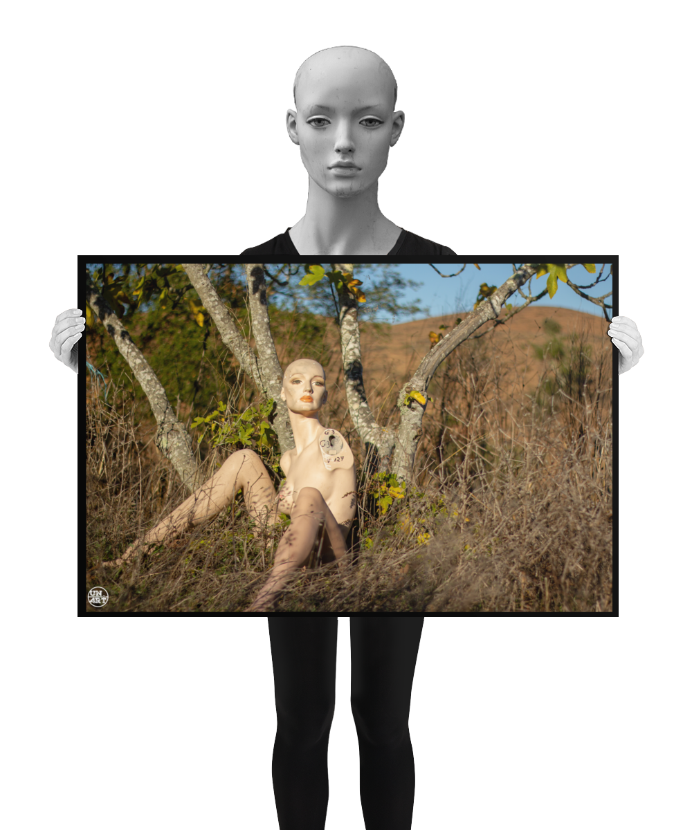 un4rt - almost human gallery poster mockup picture with a mannequin sitting outdoor in front of an old fig tree in between dried gras. dry hills in the background. the poster is held by a mannequin.