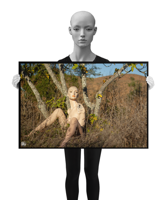 un4rt - almost human gallery poster mockup picture with a mannequin sitting outdoor in front of an old fig tree in between dried gras. dry hills in the background. the poster is held by a mannequin.