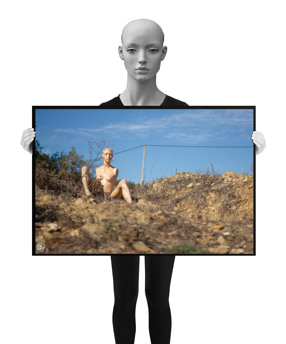 un4rt - almost human gallery poster mockup picture with a mannequin sitting outdoor on dry land in between brown grass. blue sky and a power line in the backround.