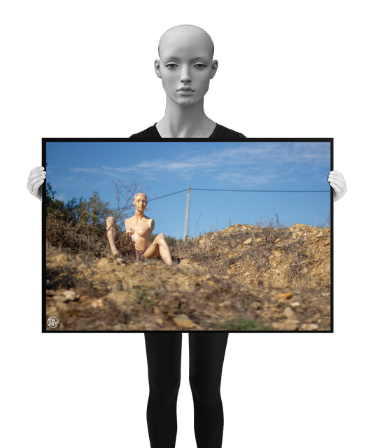 un4rt - almost human gallery poster mockup picture with a mannequin sitting outdoor on dry land in between brown grass. blue sky and a power line in the backround.