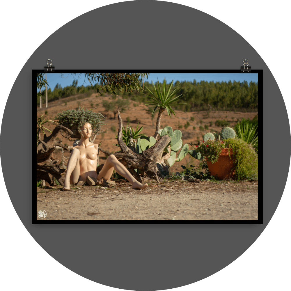 un4rt - almost human gallery poster mockup picture with a mannequin sitting outdoor in front of some plants