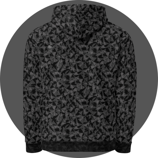 un4rt - the image shows the back of a hoodie with two layers of different and arbitrary angular shapes that are superimposed and shine through each other. the superimposition results in the color tones light grey, dark grey and black. the overall structure is chaotic but uniform.