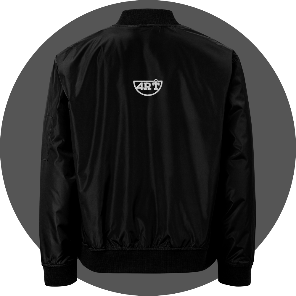 un4rt - the images shows the back of a black bomber jacket with a white embroidery in the center. the embroidery shows the lower part of the "UN4RT"-logo.