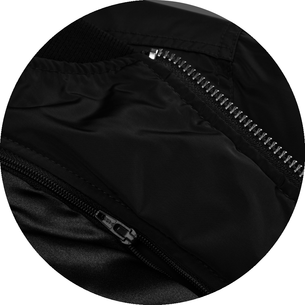 un4rt - the image shows details of a black bomber jacket with a "YKK"-zipper.