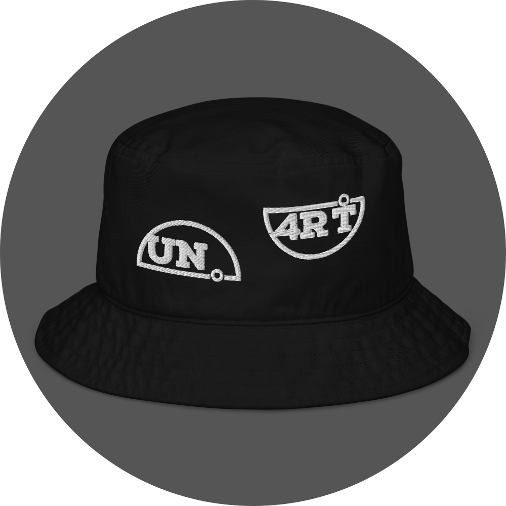un4rt - the image shows a black cotton bucket hat with white embroidery of a splitted "UN4RT"-logo.