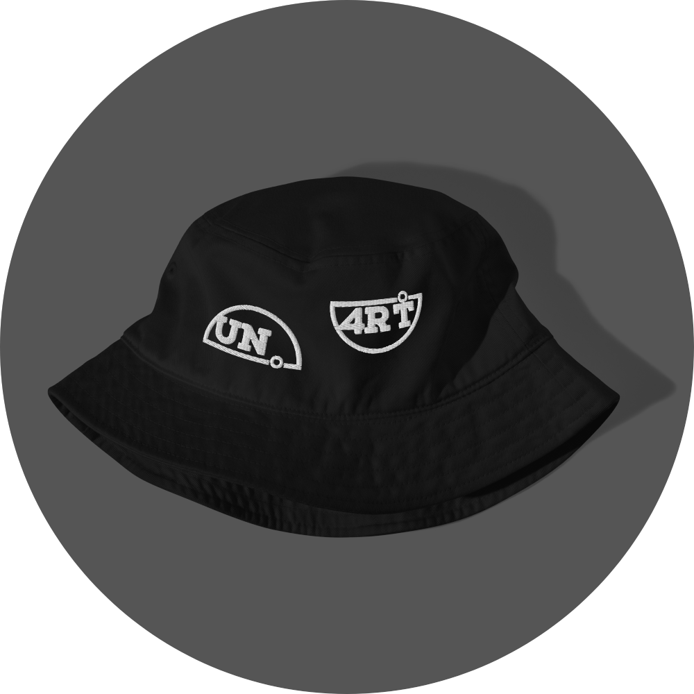 un4rt - the image shows a crushed black cotton bucket hat with white embroidery of a splitted "UN4RT"-logo.