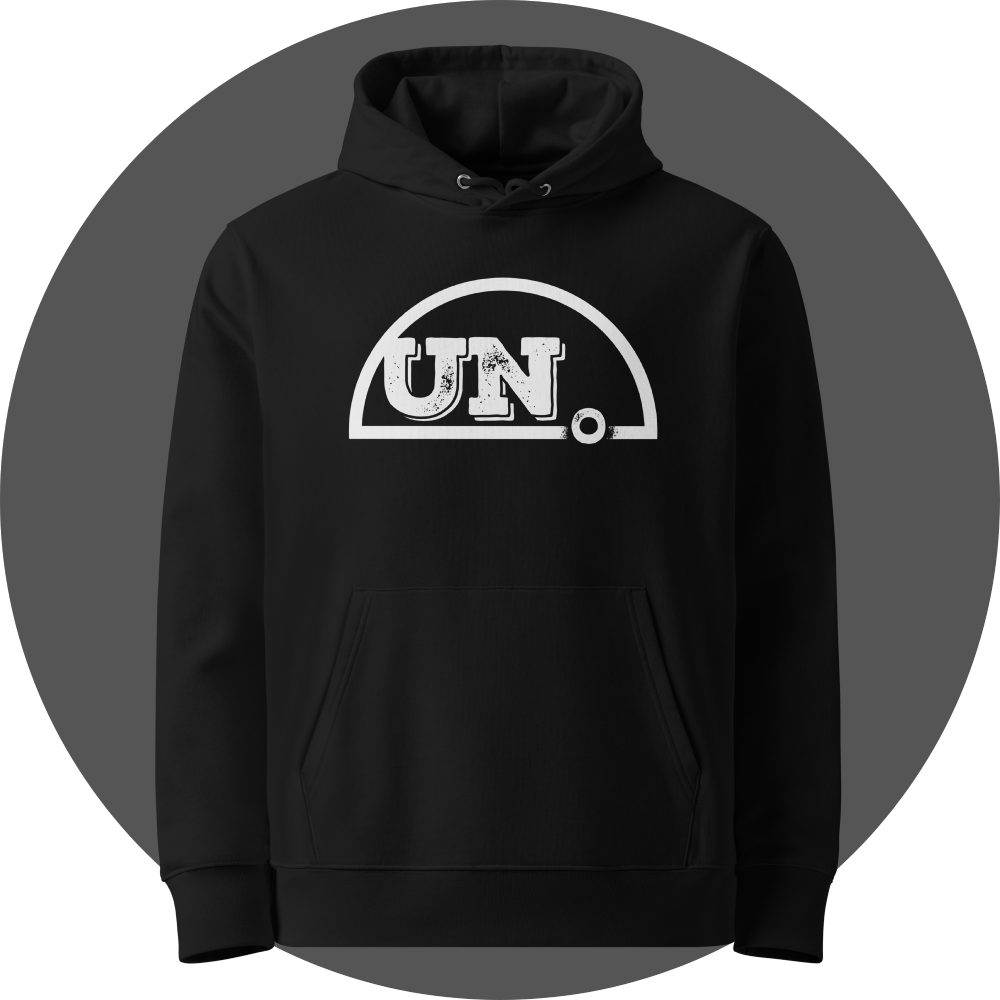 un4rt - the image shows the front of a black cotton hoodie with a big white print of the upper part of the "UN4RT"-logo.