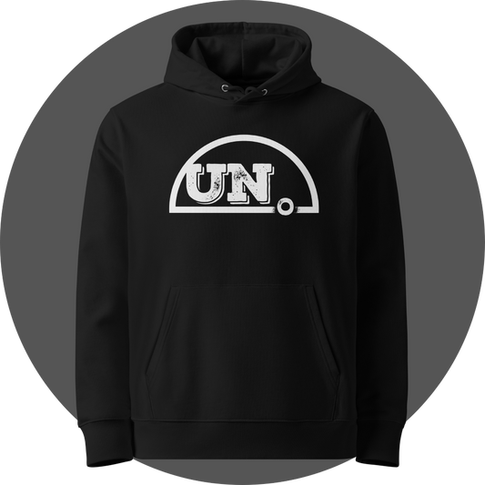 un4rt - the image shows the front of a black cotton hoodie with a big white print of the upper part of the "UN4RT"-logo.