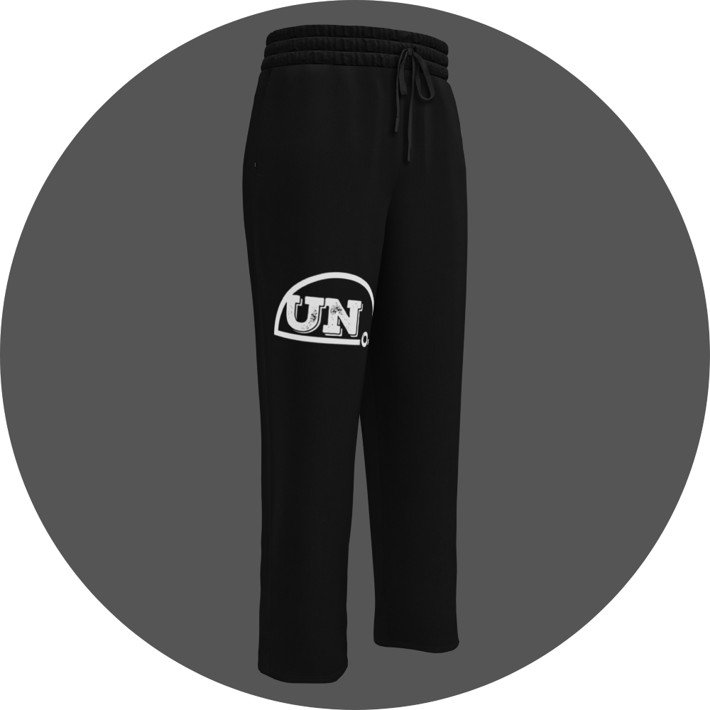 un4rt - the image shows the front of a black jogger pant with a white print of the upper part of the "UN4RT"-logo on the right leg.