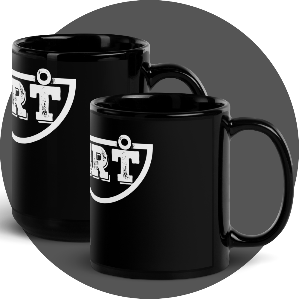 un4rt - the image shows the left side of two black mugs in different sizes with a part of a white print of a splitted "UN4RT"-logo on them.