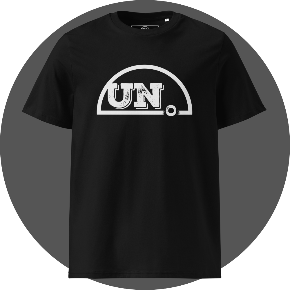 un4rt - the image shows the front of a black cotton t-shirt with a big white print of the upper part of the "UN4RT"-logo.