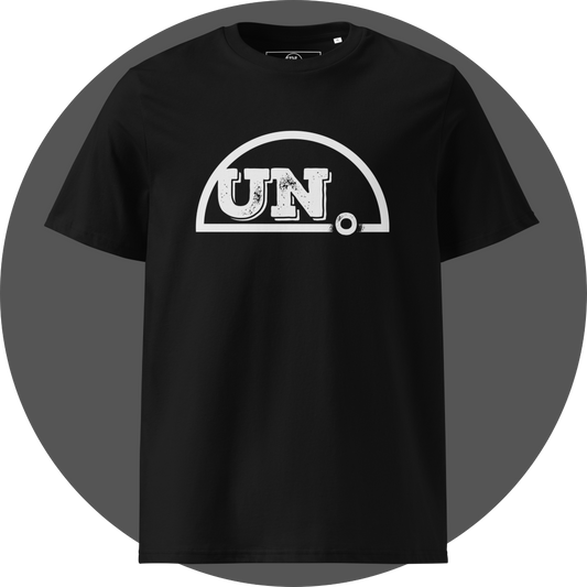 un4rt - the image shows the front of a black cotton t-shirt with a big white print of the upper part of the "UN4RT"-logo.