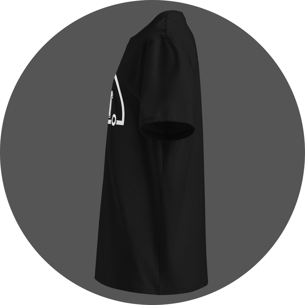 un4rt - the image shows the left side of a black cotton t-shirt with parts of a white print on the front.