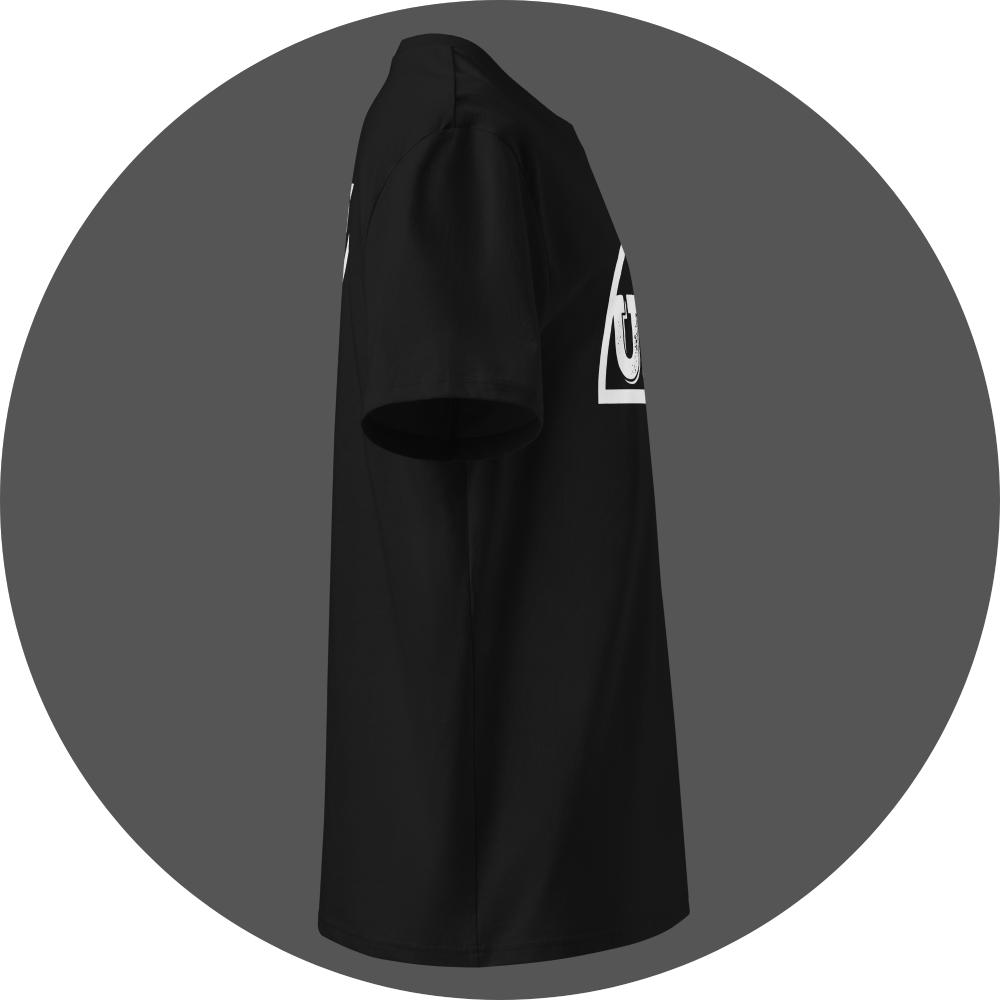 un4rt - the image shows the right side of a black cotton t-shirt with parts of a white print on the front.
