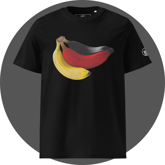 UN4RT black organic cotton t-shirt shown from the front, featuring a large colorful banana artwork with three bananas in yellow, red and black, symbolizing the german flag. small circular brand logo on the left sleeve.