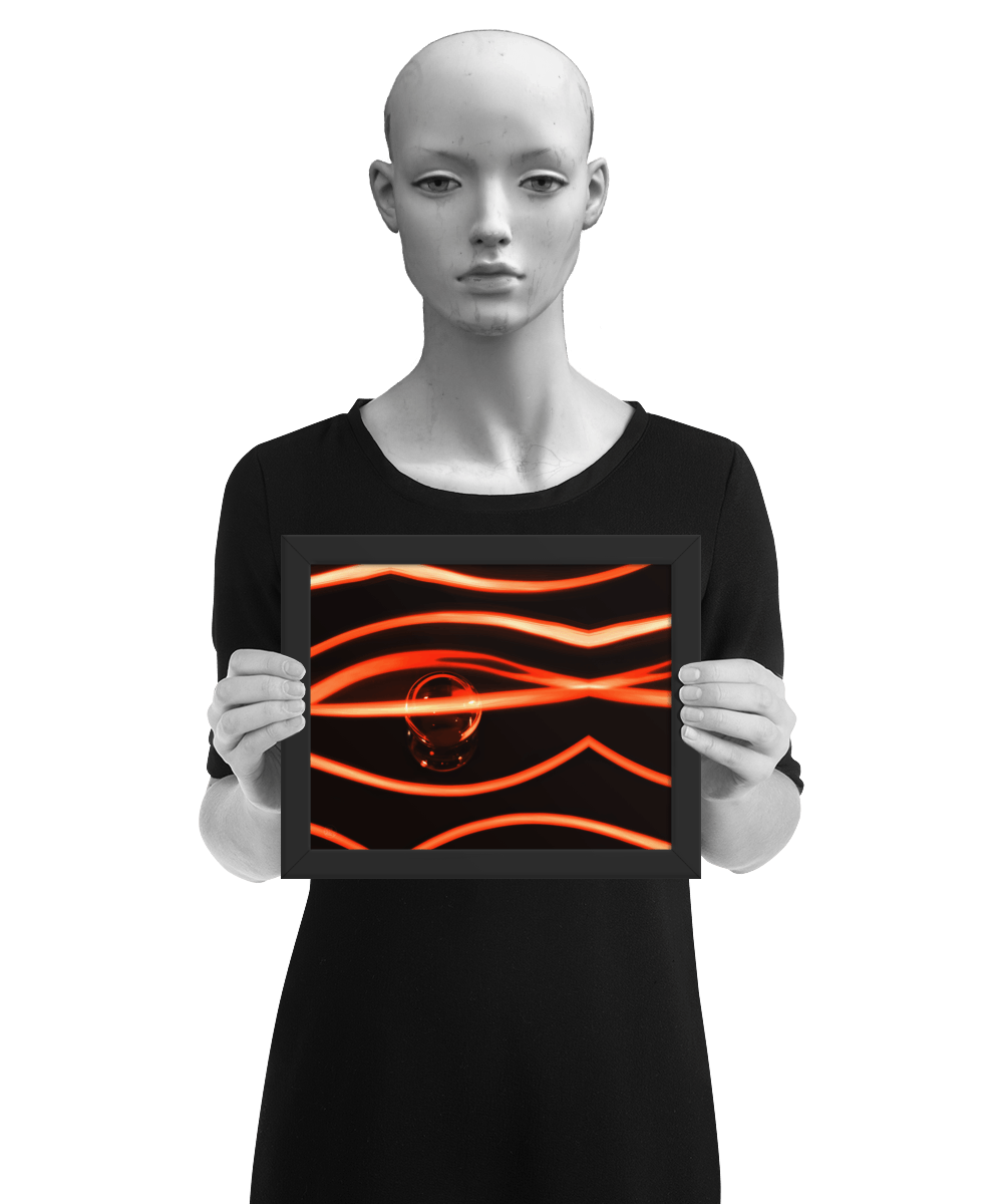 un4rt - the photographie has a black background with a glasball in the middle, placed on a mirror. the glasball is reflecting red light. various red lightlines around the glasball. the image is framed and presented by a mannequin in black and white.