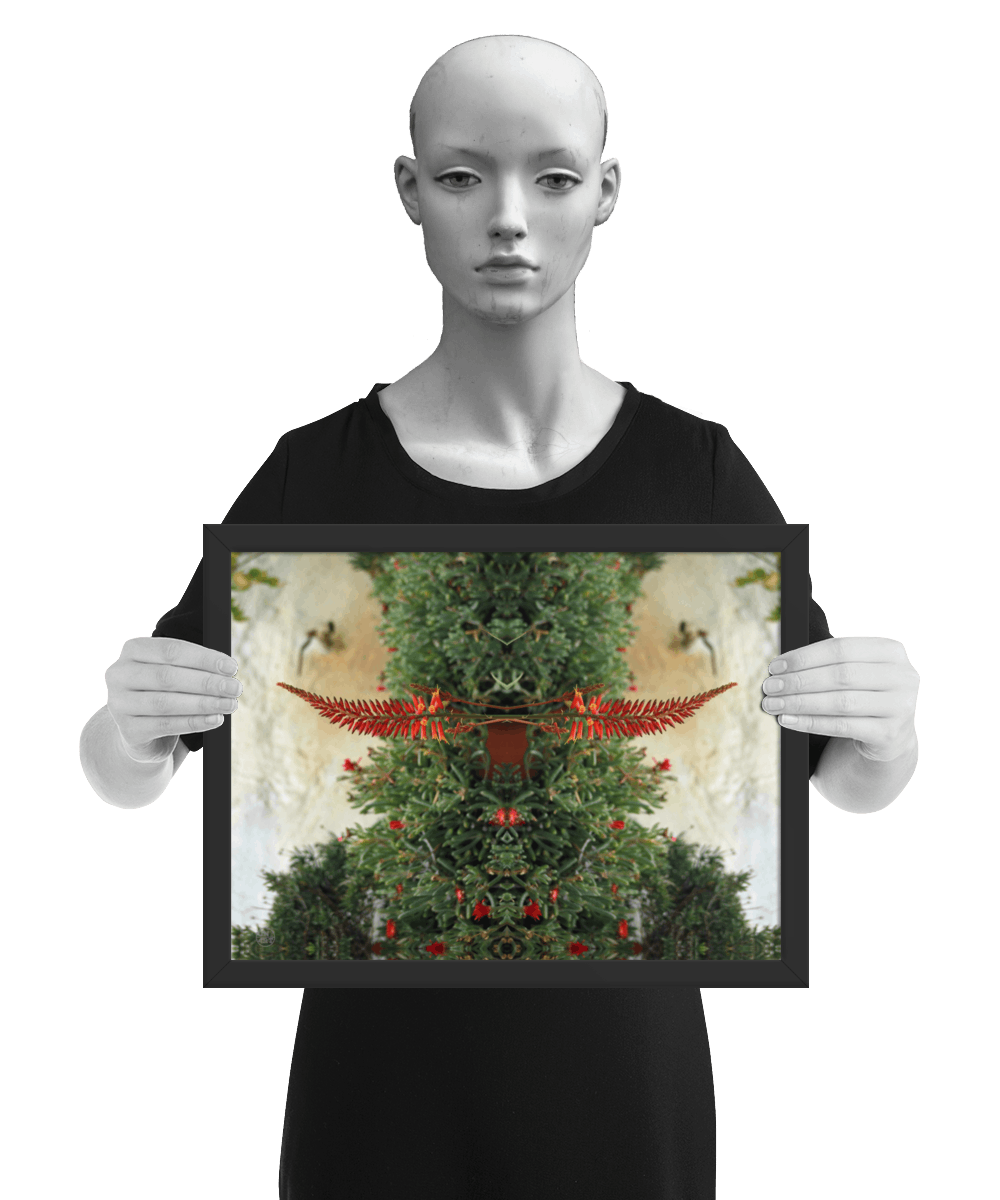 un4rt - the image shows 3 different sizes of the same photographie on top of each other. large size in the back, medium size in the middle and small size on top. the photographie shows plants with green leaves and red blossoms in front of an old white stone wall. the image is framed and presented by a mannequin in black and white.