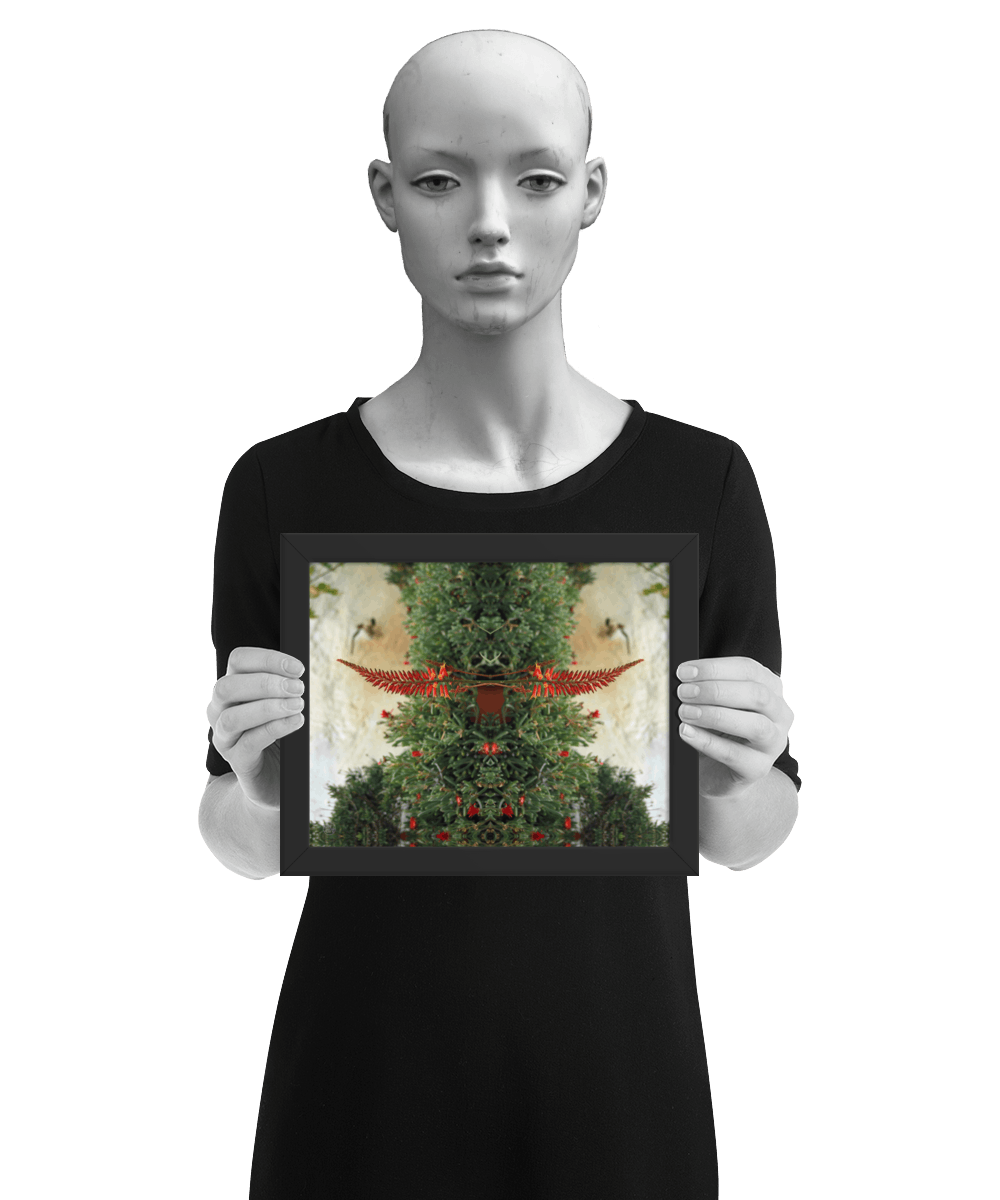 un4rt - the image shows 3 different sizes of the same photographie on top of each other. large size in the back, medium size in the middle and small size on top. the photographie shows plants with green leaves and red blossoms in front of an old white stone wall. the image is framed and presented by a mannequin in black and white.