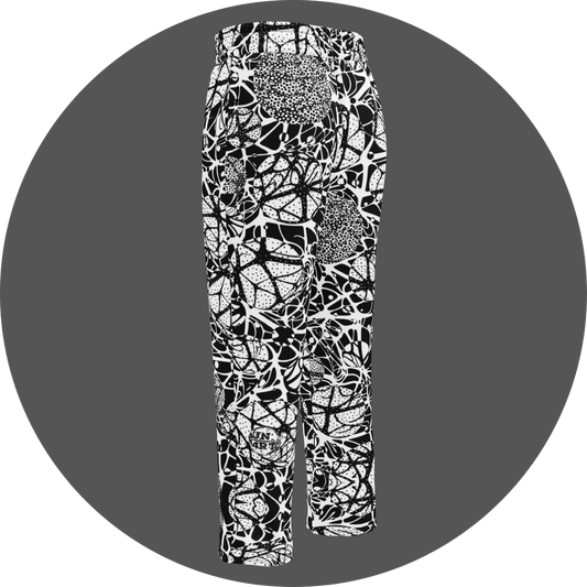 UN4RT brainbubbles all-over-print jogger back left view – white sweatpants with dense black organic network pattern of curved interconnecting lines, stippled dot cluster circles and cell-like enclosed forms, small UN4RT logo at lower leg, elasticated waistband, straight leg cut.