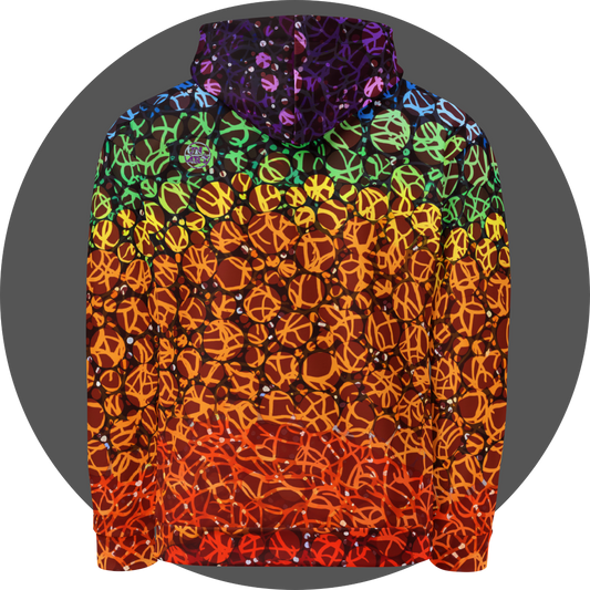 un4rt - the images shows the back of a hoodie with circles in various sizes and various colors. the colors range from red at the bottom up to orange, yellow, green, blue and purple at the top. a wild tangle of lines overlays the circles.