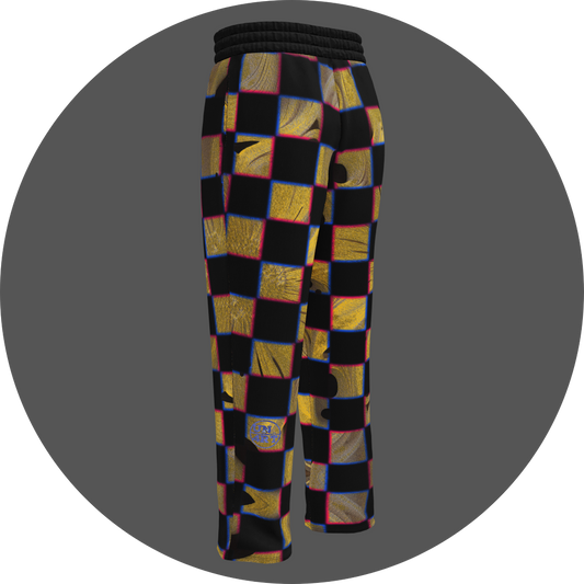UN4RT cheesy chess all-over-print jogging pants back left view – black sweatpants with checkerboard pattern of alternating black and textured golden yellow squares with organic holes and molten surface, chromatic aberration effect in pink and blue at square edges, small UN4RT logo at lower leg, elasticated waistband, straight leg cut.