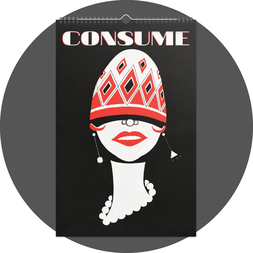 un4rt - the image shows a calendar site with a black backround and an illustration of the head of a 1920´s model in red and white. the model´s eyes are covered with a cap. the title of the image says: "consume".