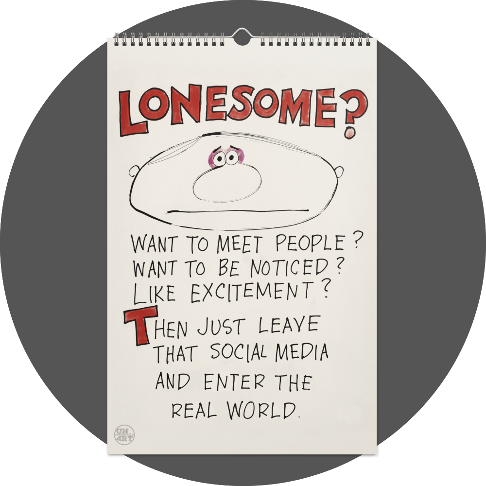 un4rt - the image shows a calendar site with a white background and a black line drawing of a bored face. the title of the image above the face says "lonesome?" in big red letters. text in black thin letters below the face.