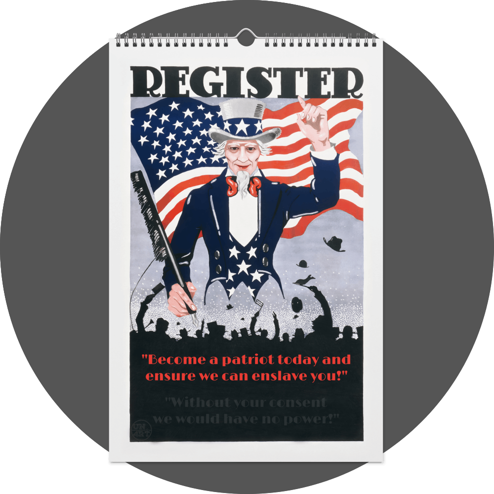 un4rt - the image shows a calendar site with a picture of a giant "uncle sam" in front of an us-flag. the silhouette of a cheering crowd below him. the title of the picture says: "register". more text below the cheering  crowd.