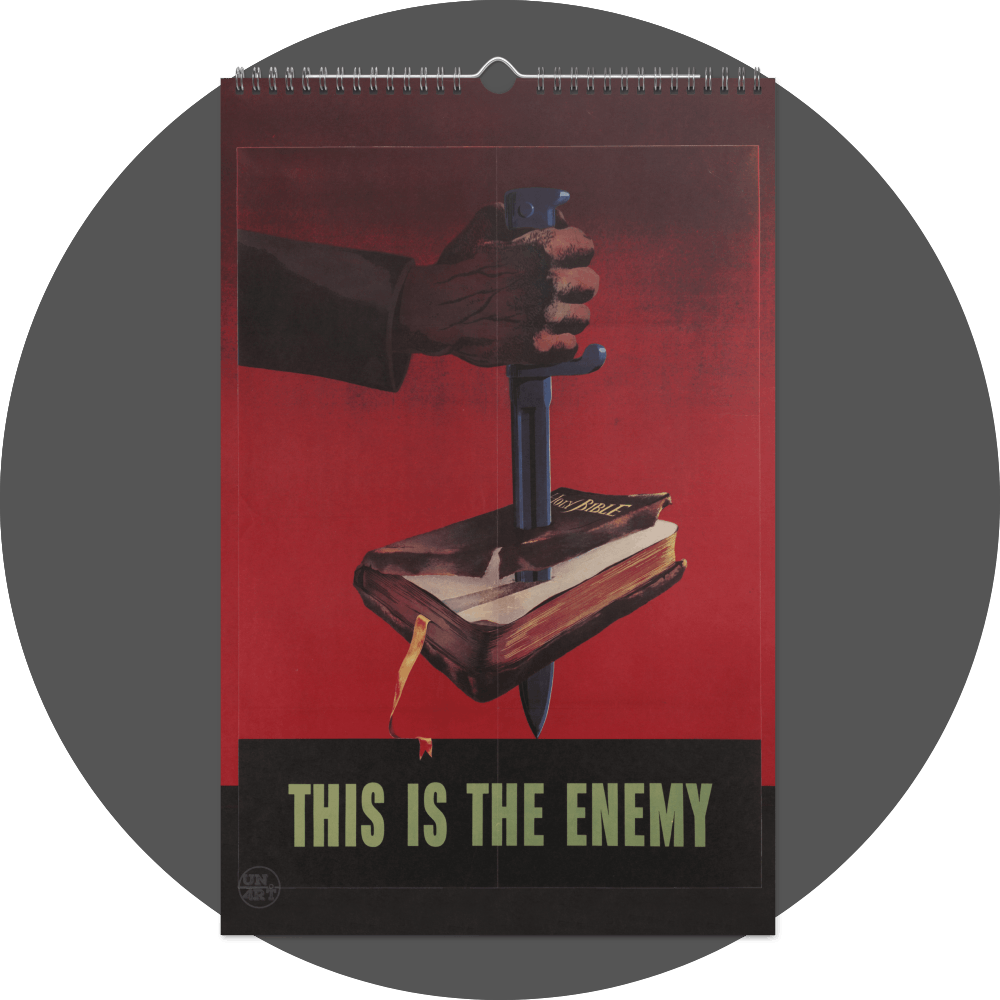 un4rt - the image shows a calendar site with a hand plunging a large knife through a bible. the background is red and smoky. the text on the bottom, inside a black box, says: "this is the enemy".