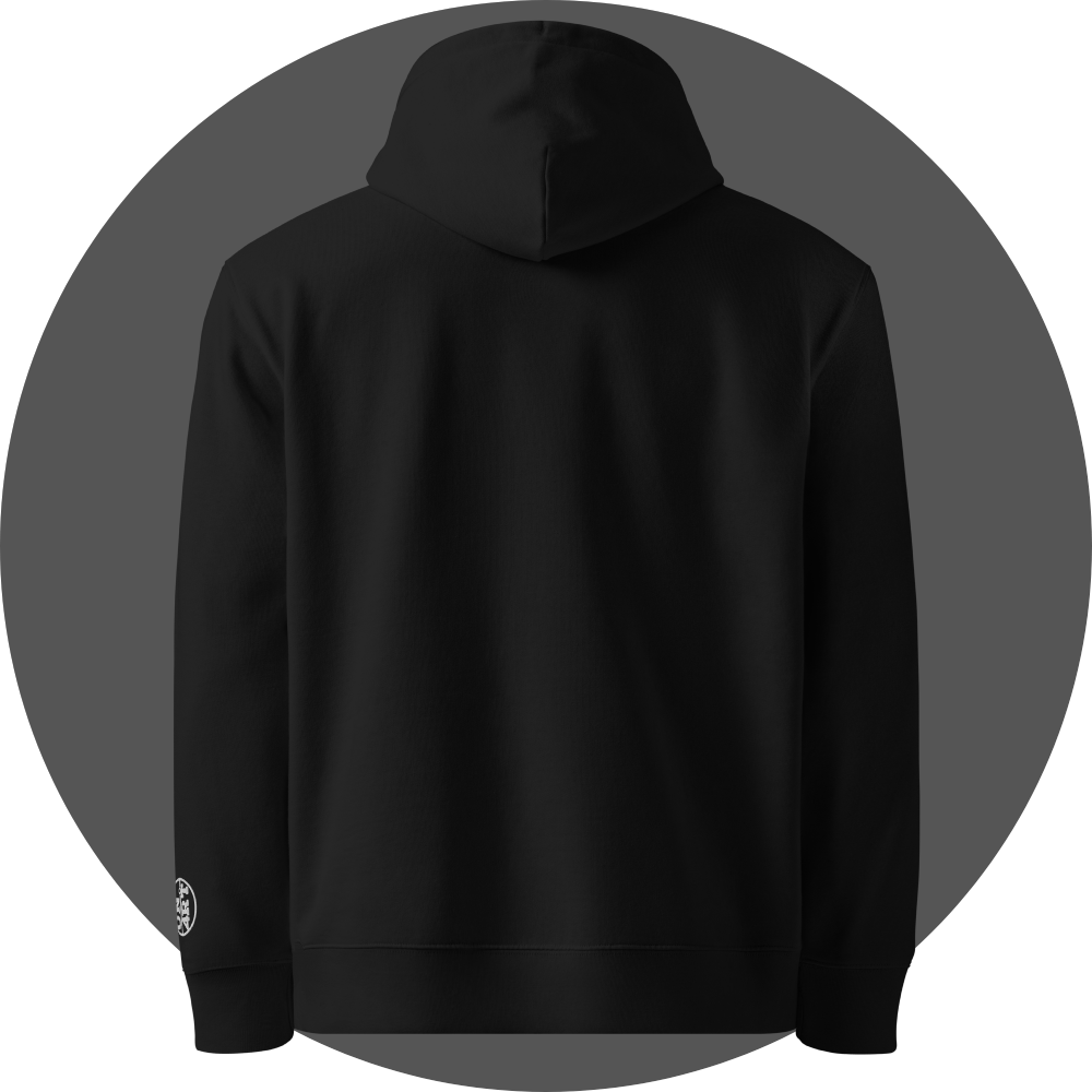 un4rt - the image shows the back of a black cotton hoodie with a decent white embroidery on the left arm.