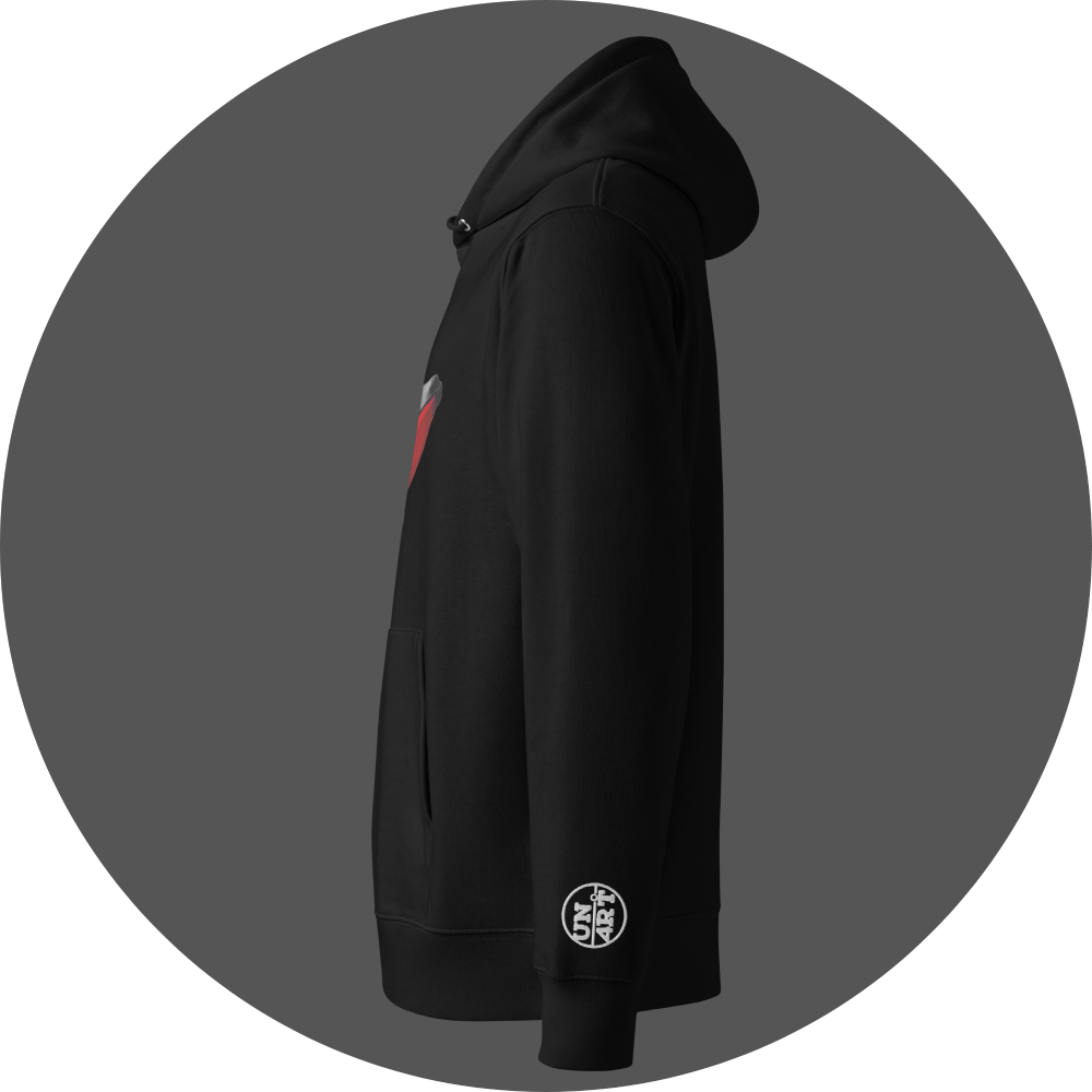un4rt - the image shows the left side of a black cotton hoodie with a print on the breast. the left arm shows a white embroidery of the "UN4RT"-logo.