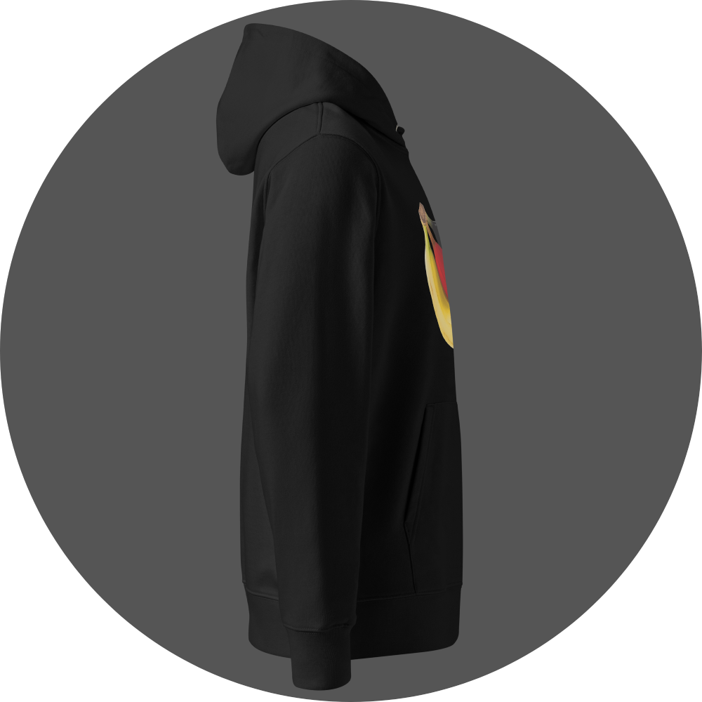 un4rt - the image shows the right side of a black cotton hoodie with a print on the breast.