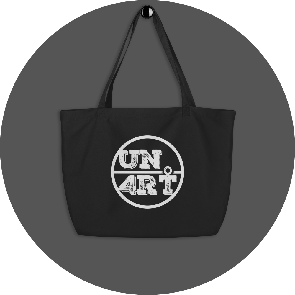 un4rt - the image shows one side of a black cotton tote bag with a big white "UN4RT"-logo printed on it.