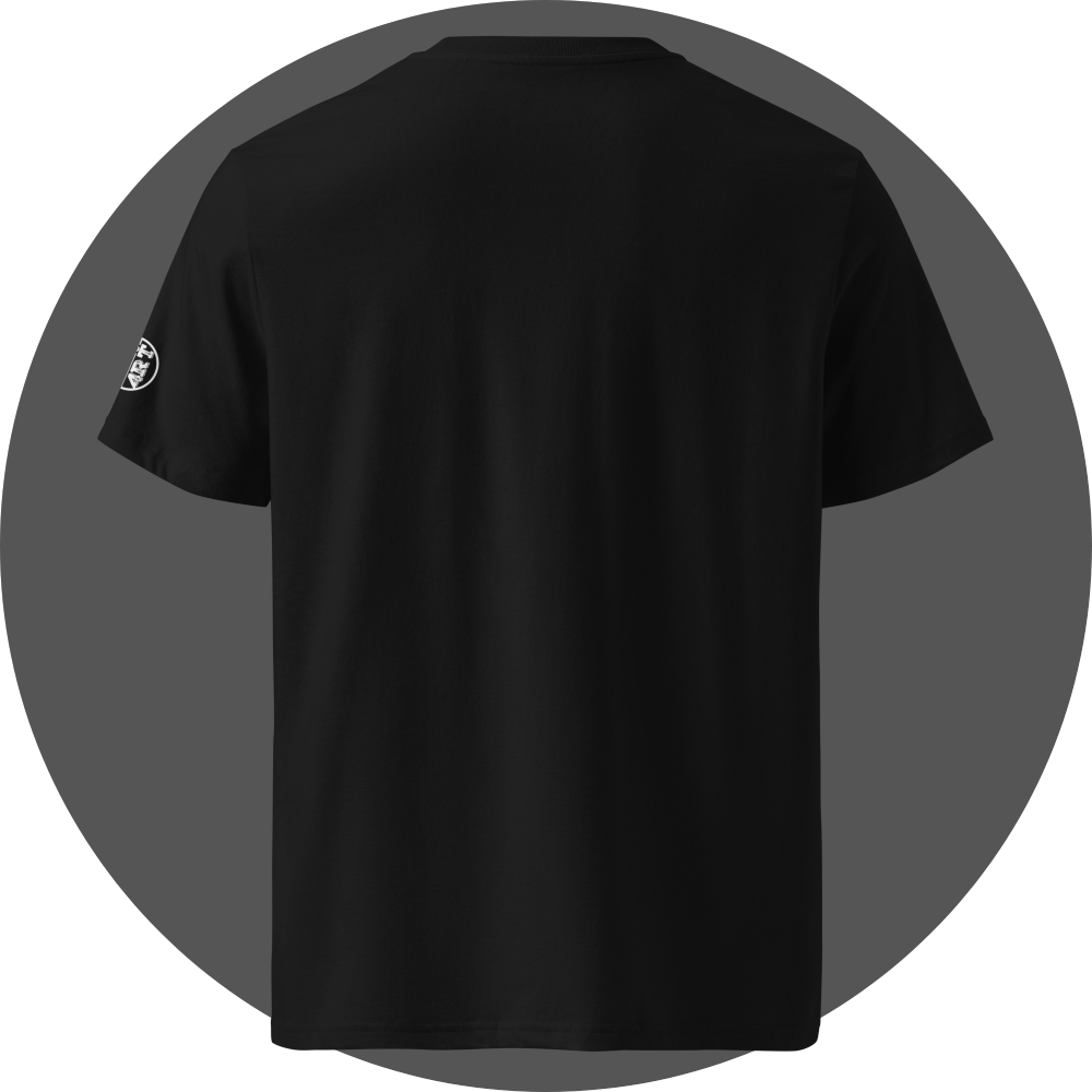 un4rt - the image shows the back of a black cotton t-shirt with a decent white print on the left arm.