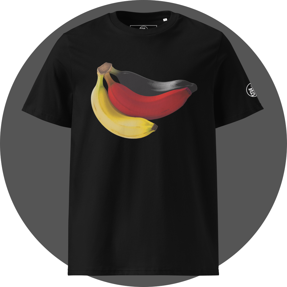 un4rt - the image shows the front of a black cotton t-shirt with a print on the breast. the print shows three bananas colored in black, red and yellow. the left arm shows a part of a white print of the "UN4RT"-logo.