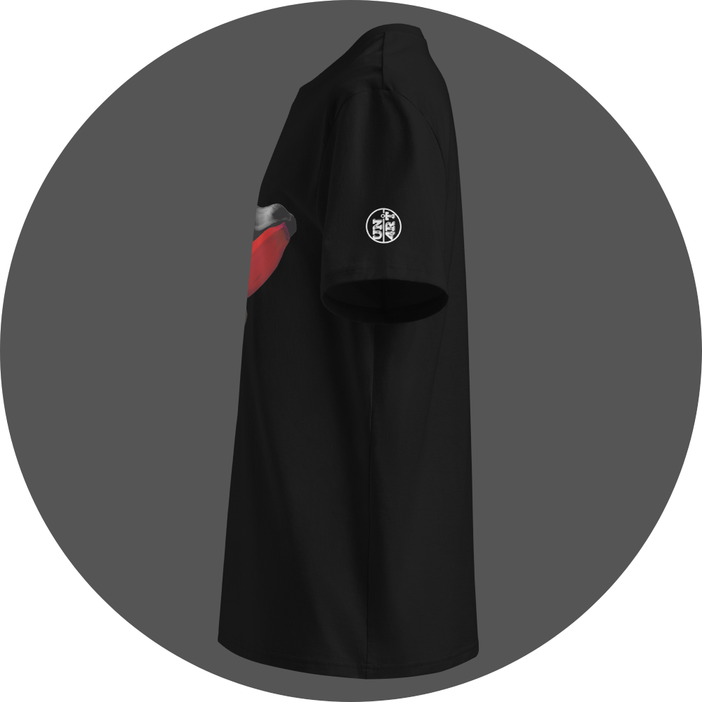 un4rt - the image shows the left side of a black cotton t-shirt with a print on the breast. the left arm shows a white print of the "UN4RT"-logo.