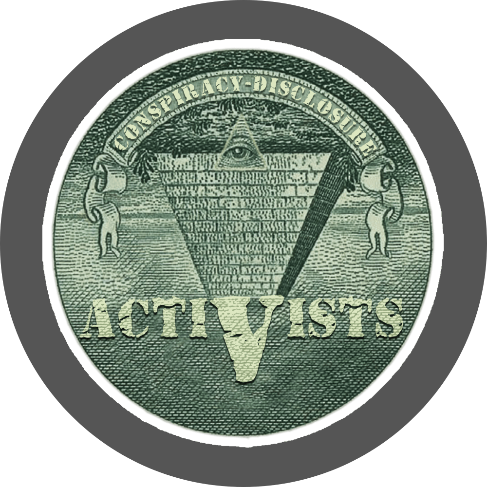 un4rt - the image shows a round magnet. the picture printed on the magnet shows an edited part of a section of a 1 dollar note with an inverted pyramid. the all-seeing eye is at the top, on the wide part of the pyramid. the banderole reads "Conspiracy-Disclosure" and the pointed part of the pyramid reads " Activists".