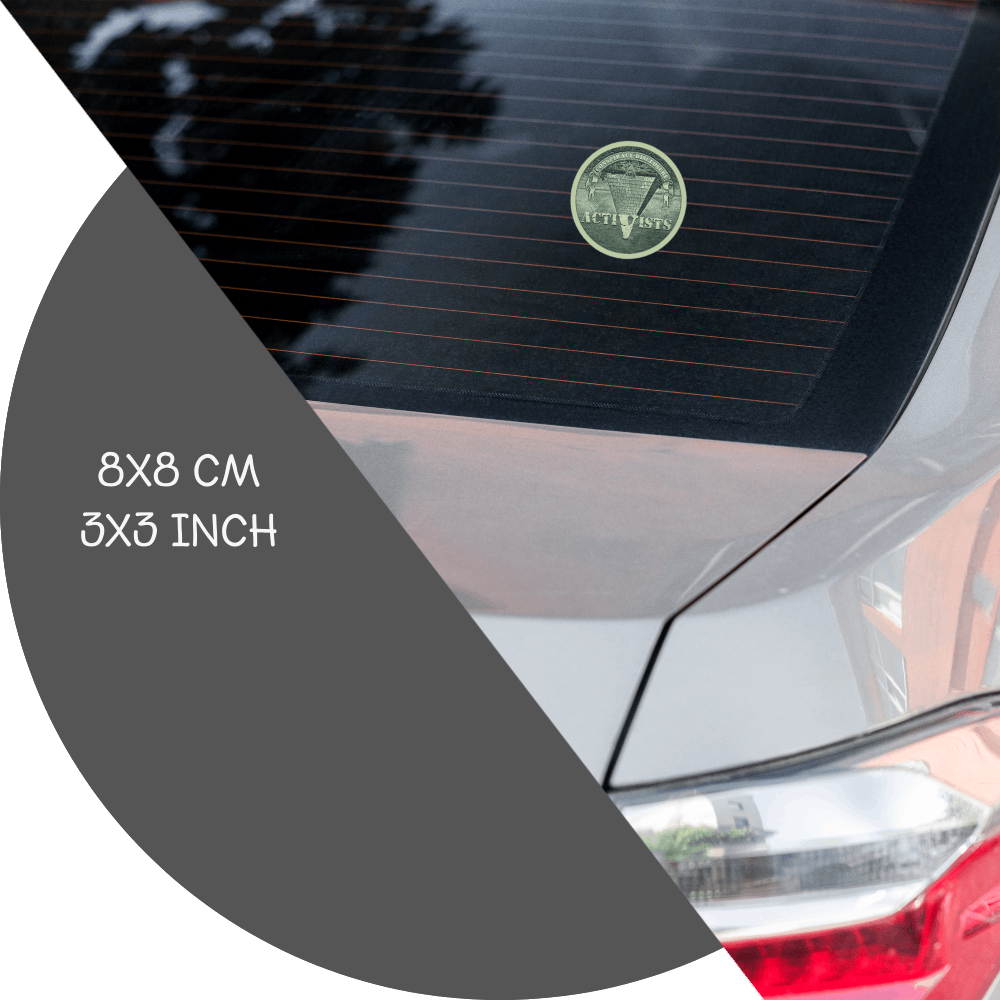 un4rt - the image shows a part of the back of a car with a sticker on the rear window. the sticker shows an edited part of a section of a 1 dollar note with an inverted pyramid. the all-seeing eye is at the top, on the wide part of the pyramid. the banderole reads "Conspiracy-Disclosure" and the pointed part of the pyramid reads " Activists". measurements of the sticker in cm and inch are written on the left sight of the image.
