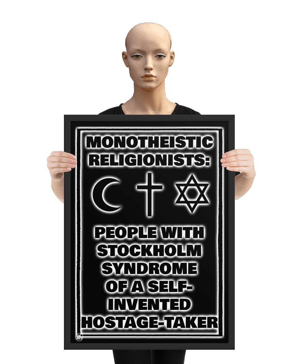 un4rt - the image shows a mannequin holding a framed poster. the background of the poster is black and the print is also black but with white underlying shadows. the print shows text and three religious symbols.