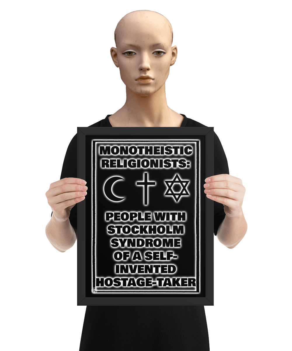 un4rt - the image shows a mannequin holding a framed poster. the background of the poster is black and the print is also black but with white underlying shadows. the print shows text and three religious symbols.