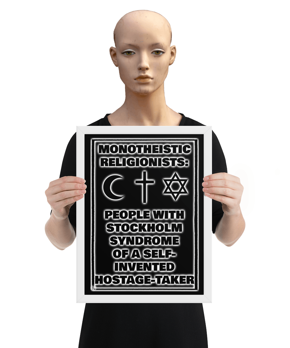 un4rt - the image shows a mannequin holding a framed poster. the background of the poster is black and the print is also black but with white underlying shadows. the print shows text and three religious symbols.
