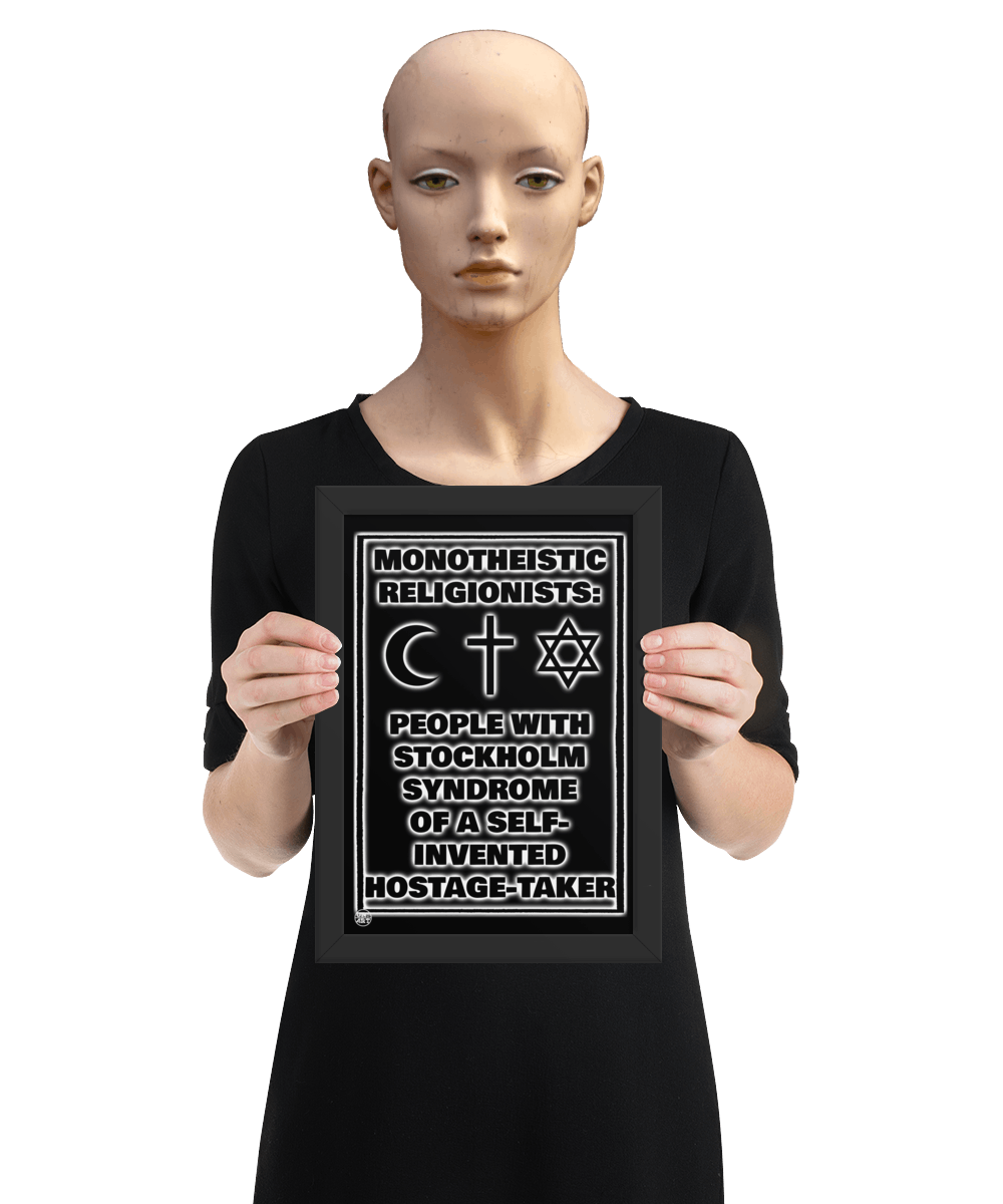 un4rt - the image shows a mannequin holding a framed poster. the background of the poster is black and the print is also black but with white underlying shadows. the print shows text and three religious symbols.