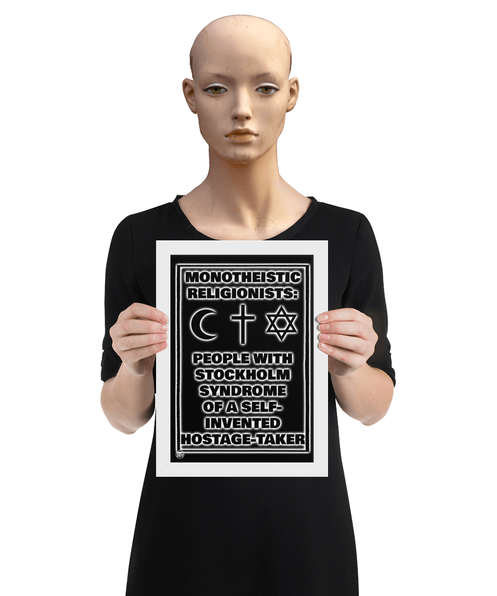 un4rt - the image shows a mannequin holding a framed poster. the background of the poster is black and the print is also black but with white underlying shadows. the print shows text and three religious symbols.
