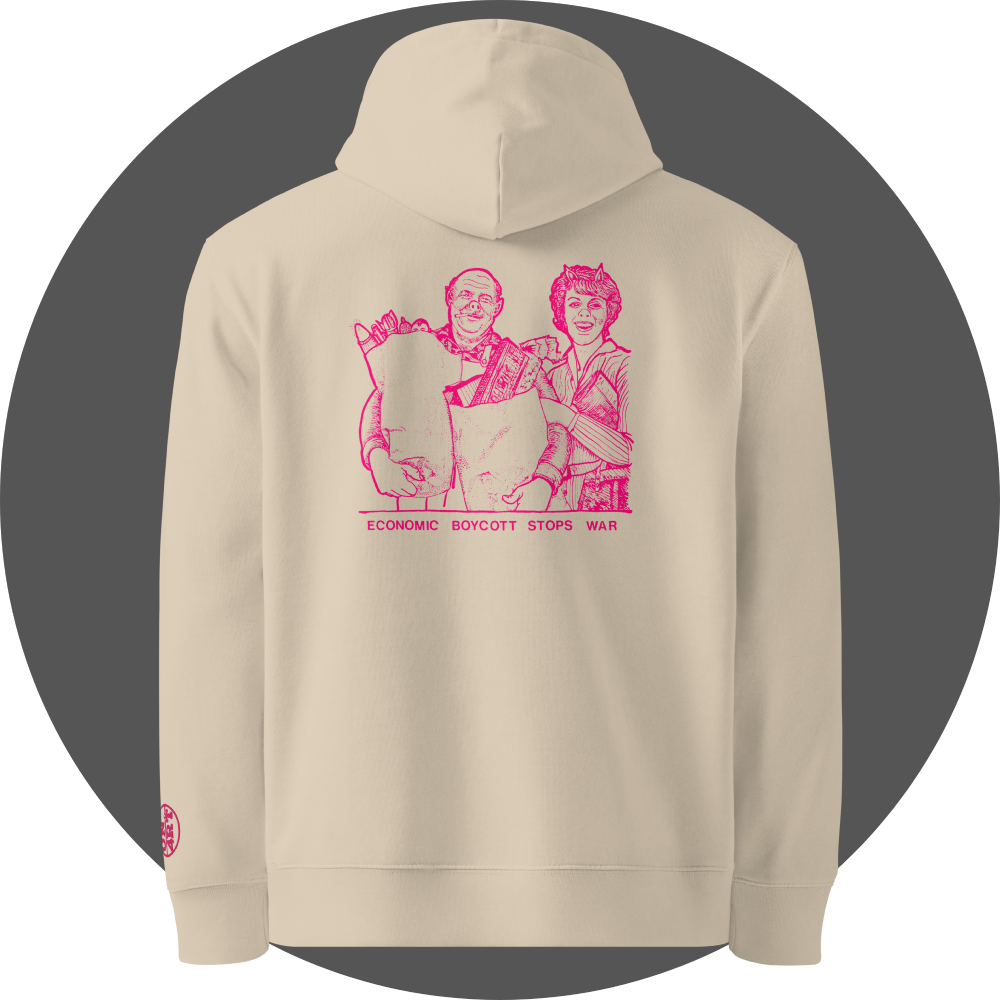 un4rt - the image shows the back of an oystrich colored cotton hoodie with a pink drawing print in the upper area. the print shows a couple doing excessive shopping. the pink letters below the drawing read: "economic boycott stops war". an embroidery of a pink "UN4RT"-logo on the left sleeve, but only the lower art of the logo is visible.