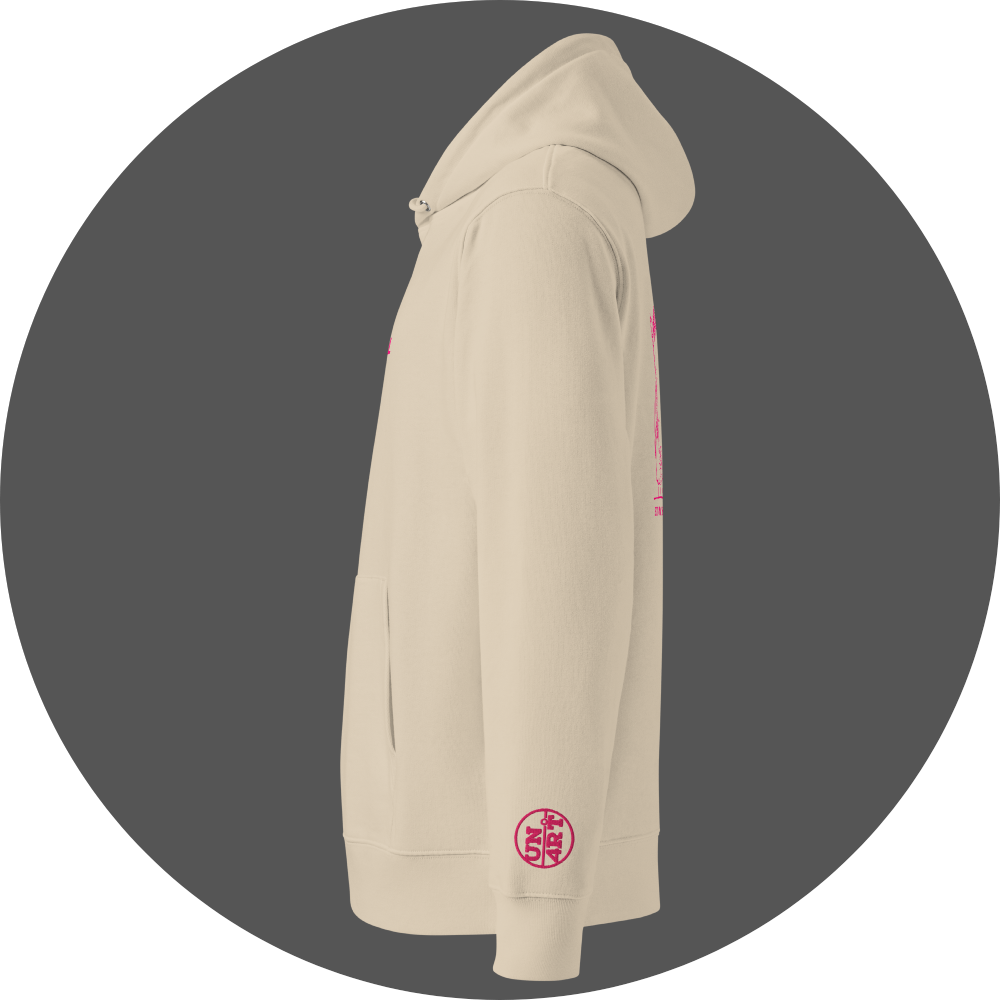 un4rt - the image shows the left side of an oystrich colored cotton hoodie with a pink print on the front and the back. a pink "UN4RT"logo embroidery on the left sleeve.