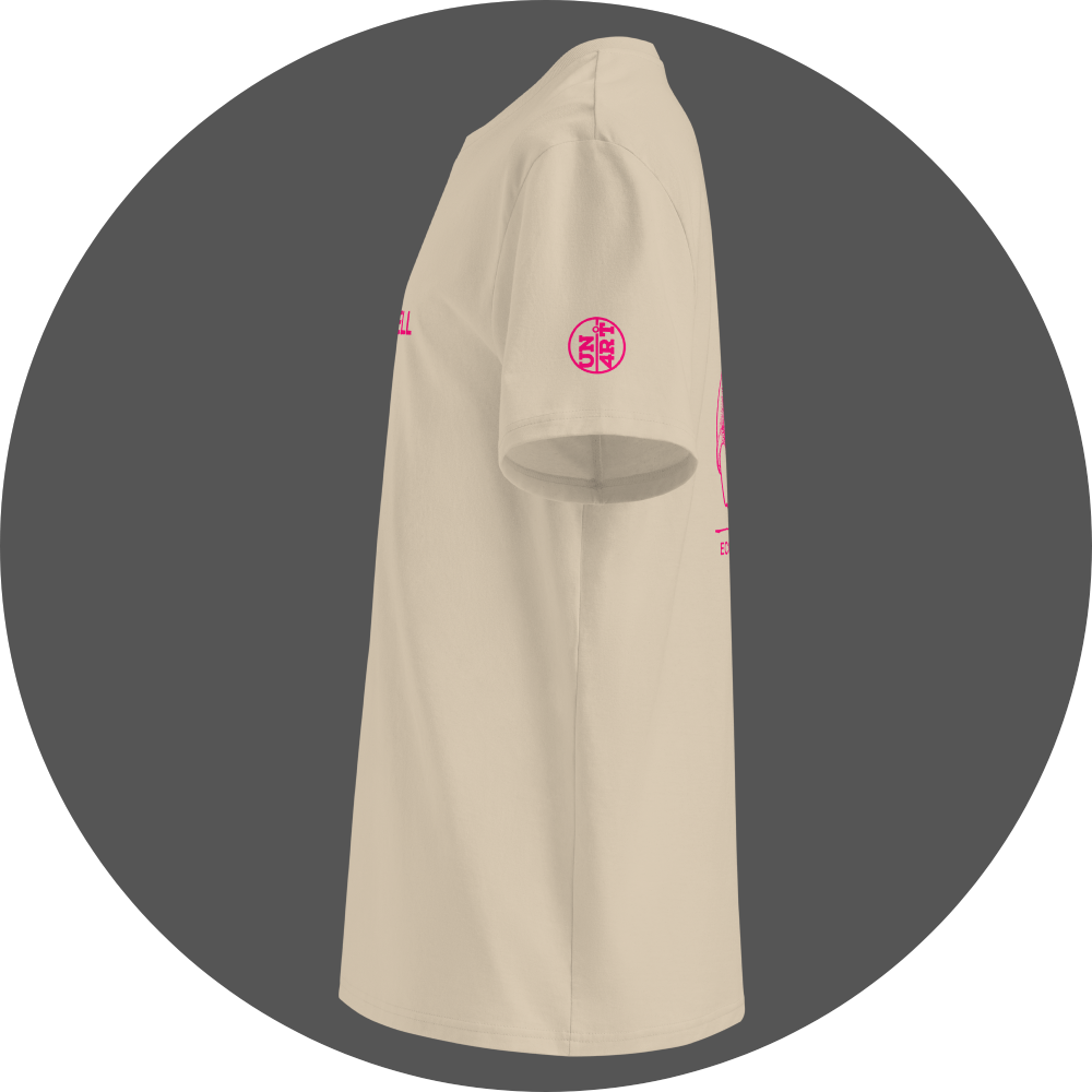 un4rt - the image shows the left side of an oystrich colored cotton t-shirt with a pink print on the front and the back. a pink "UN4RT"logo is printed on the left sleeve.