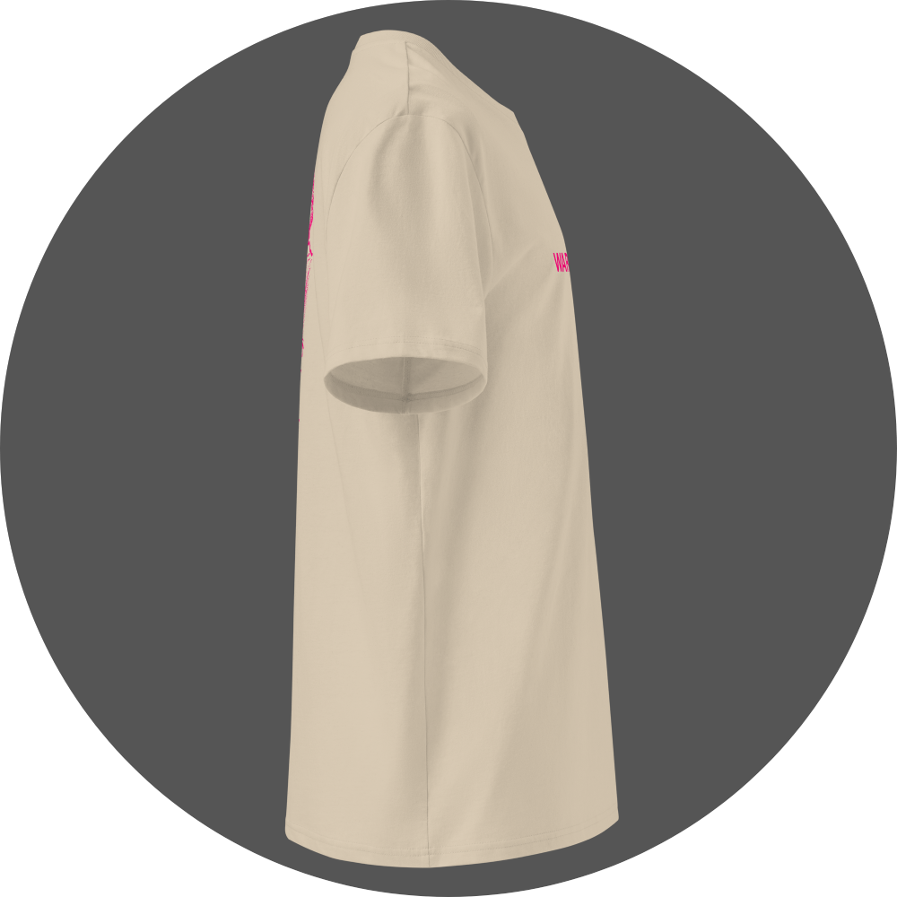 un4rt - the image shows the right side of an oystrich colored cotton t-shirt with a pink print on the front and the back.