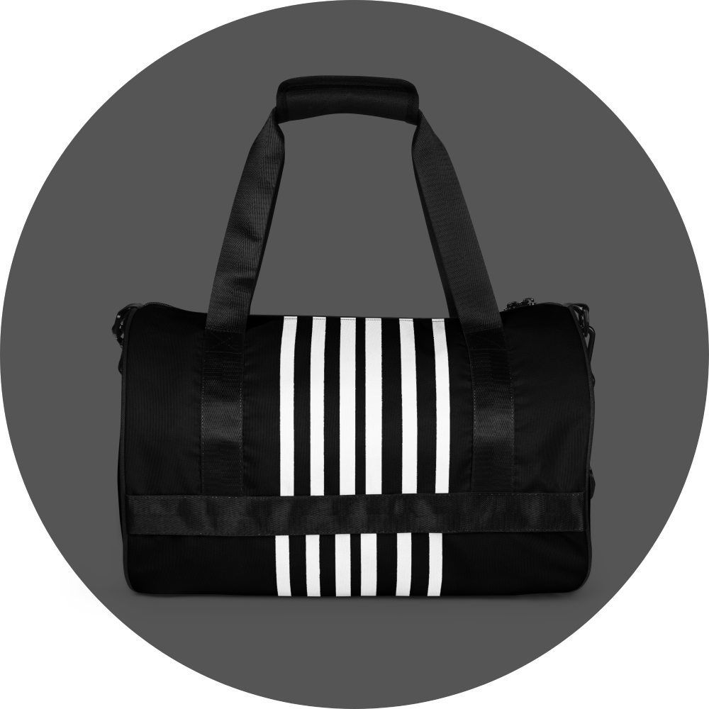 un4rt - the image shows the back side of a black tubular gym bag with six vertical white stripes in the middle.
