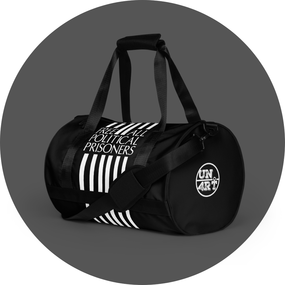 un4rt - the image shows the center and one side of a black tubular gym bag with six vertical white stripes in the middle of the center. the stripes are interrupted with text. the text reads:"free all political prisoners". the side has a print with a white "UN4RT"-logo.