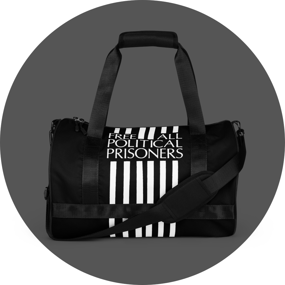 un4rt - the image shows the front side of a black tubular gym bag with six vertical white stripes in the middle. the stripes are interrupted with a text that reads: "free all political prisoners".